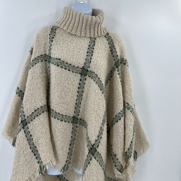 World Market OS Boucle Turtleneck Poncho Beige Sage Green Plaid Fringe Sweater - Picture 8 of 9